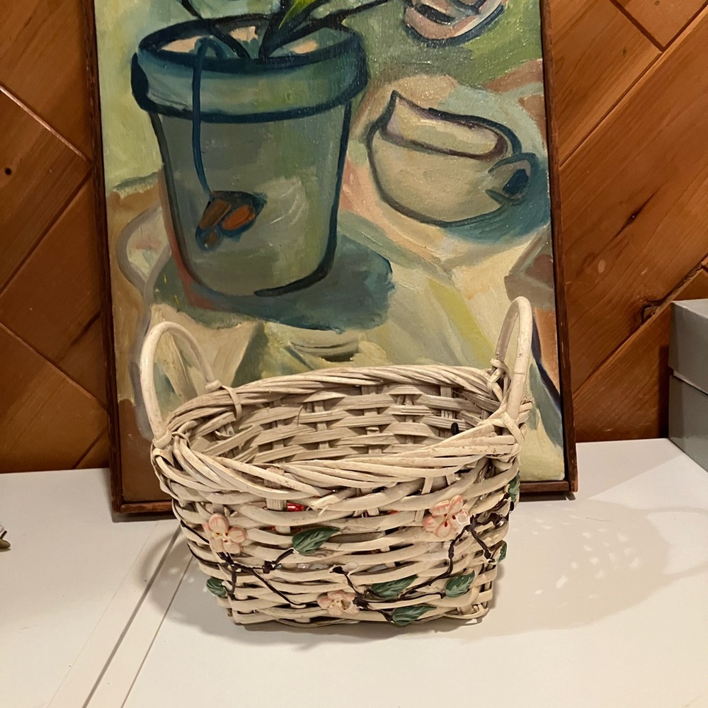Floral Woven Basket with Handles hand painted - Picture 9 of 12